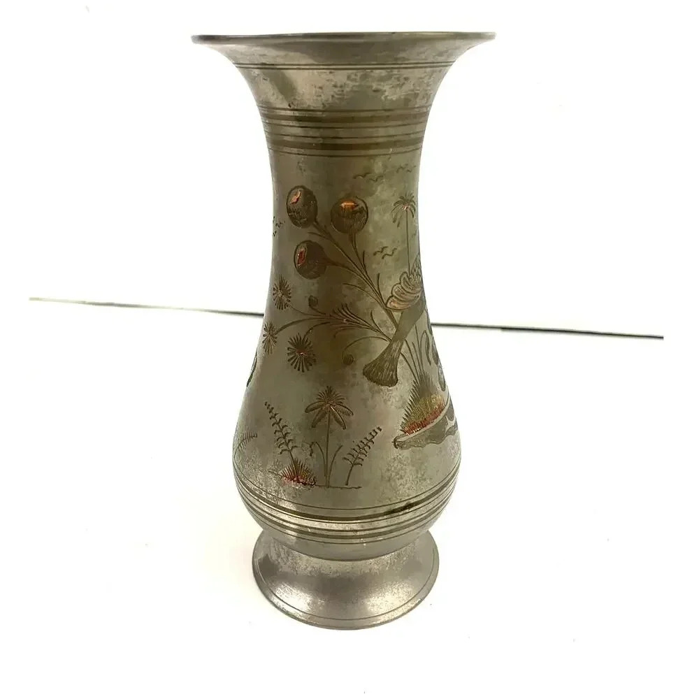 VTG Silver Tone Metal Middle Eastern Vase With Etching 8" Tall Birds Fish‎ - Picture 1 of 14